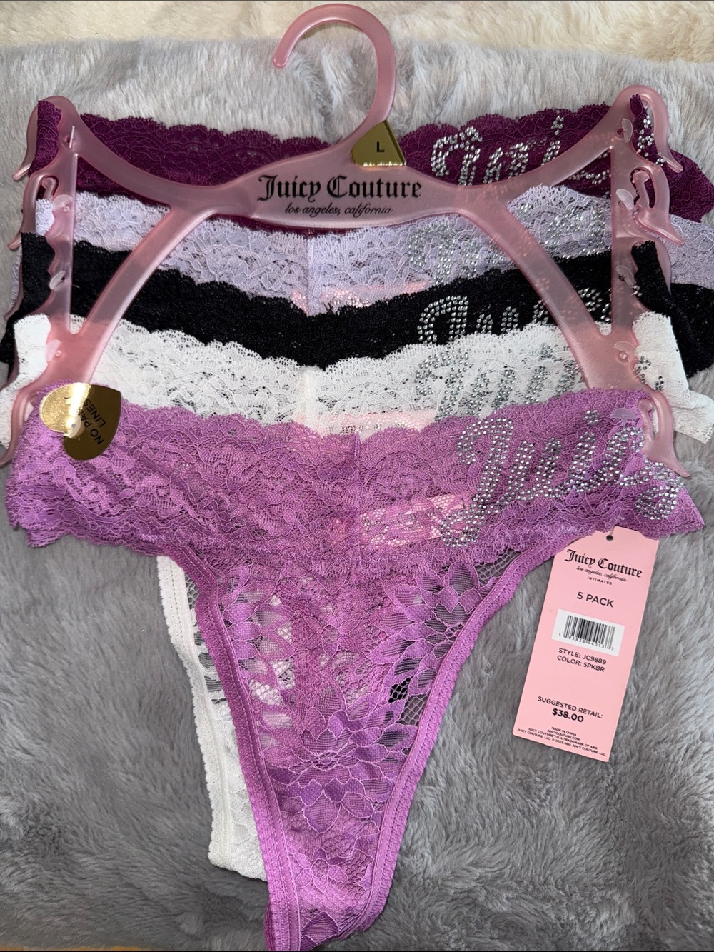 Juicy Couture Lace Thong 5-Pack in Purple, Black, White & Pink Tones